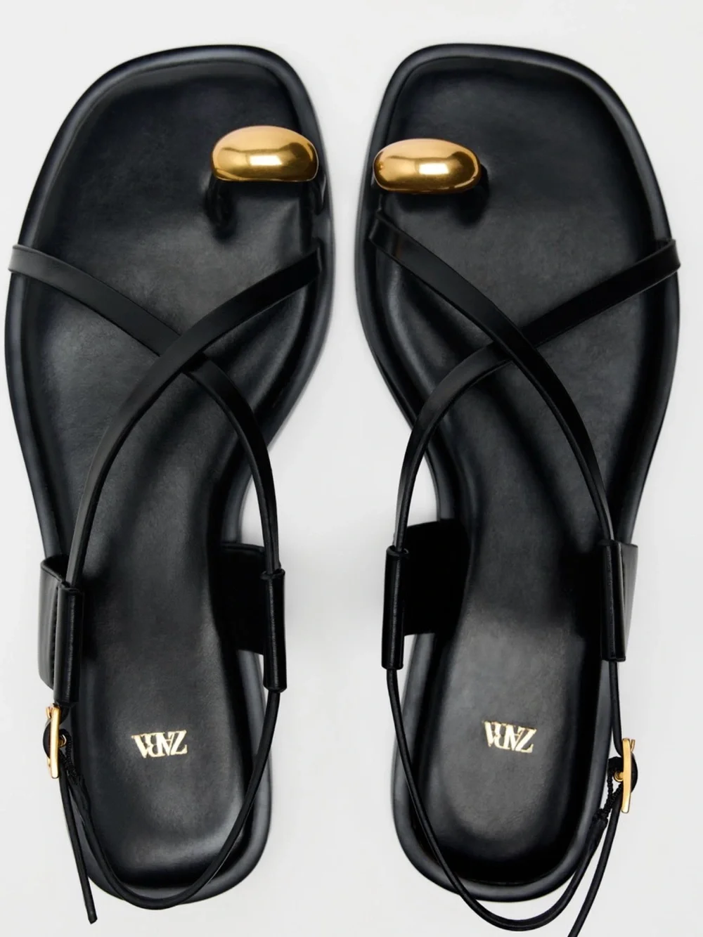 Zara Black Strappy Sandals with Gold Toe Accent - Picture 2 of 6